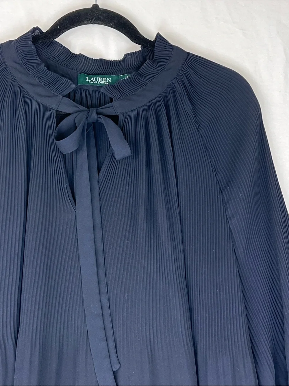 Lauren Ralph Lauren Georgette Tie-Neck Top LRL Blue 3XL Pleated Classic Office